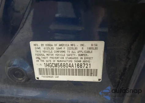 2004 Honda Accord 2.4 Ex из США, поврежденный, VIN 1HGCM56804A168721